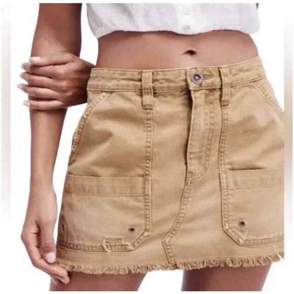 Free People Dresses & Skirts - Free People Khaki Tan Cargo Denim Mini Skirt Sz 27 Y2K Grunge Distressed